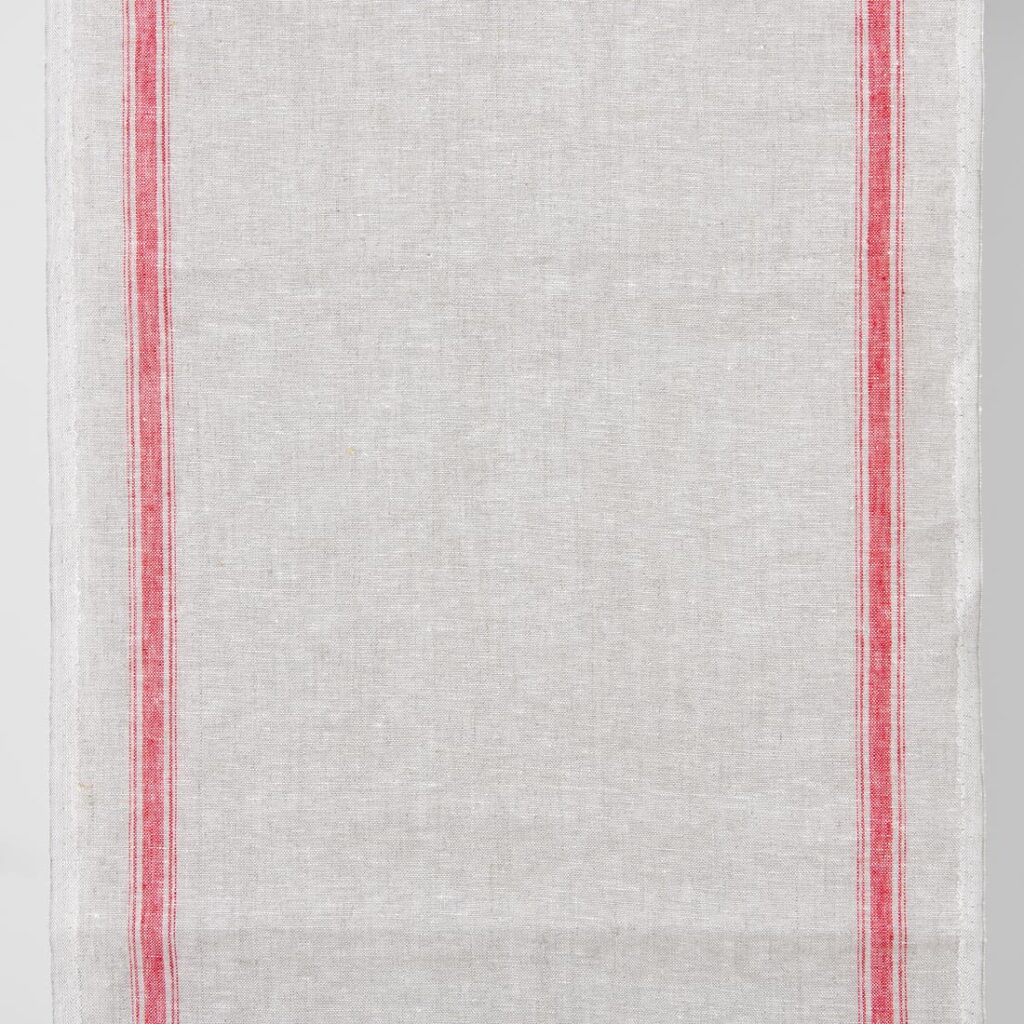 Narrow linen fabric light grey colour with red stripes
