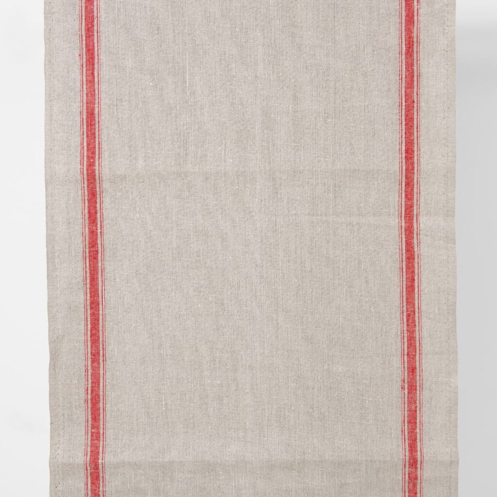 Narrow linen fabric natural grey colour with red stripes