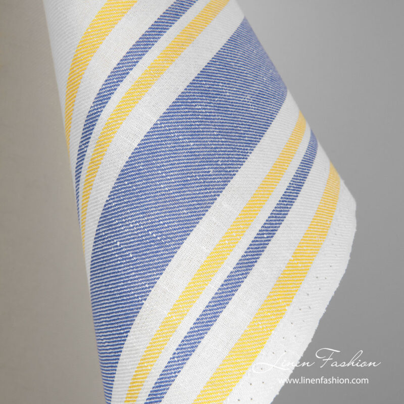 Linen cotton towel fabric with blue, yellow stripes