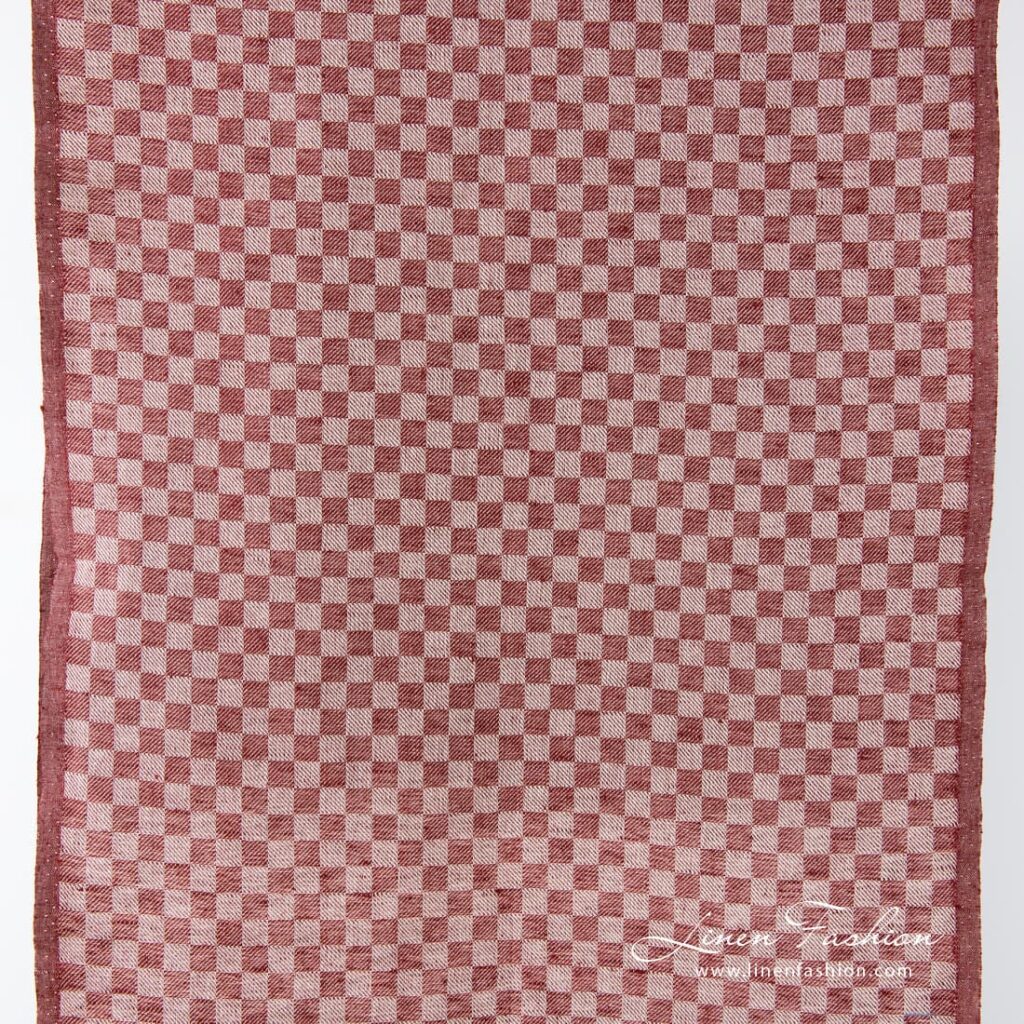 Bordeux colour checked narrow linen cotton fabric.
