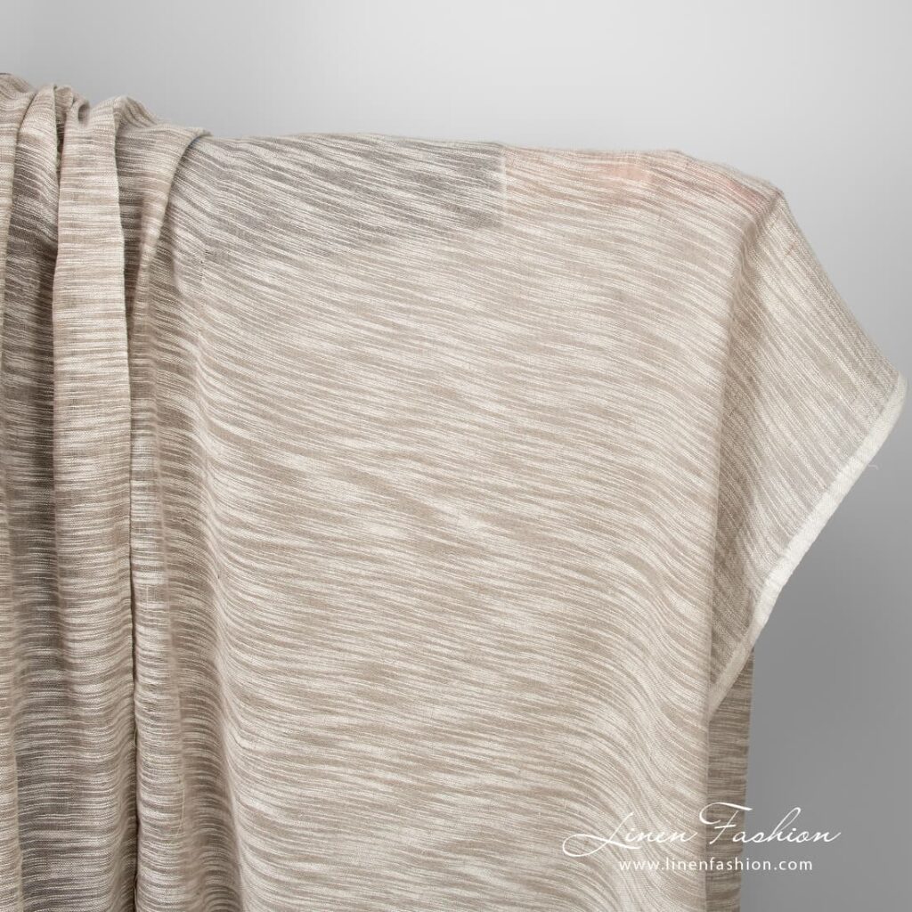 Linen cotton fabric sand colour with white stripes