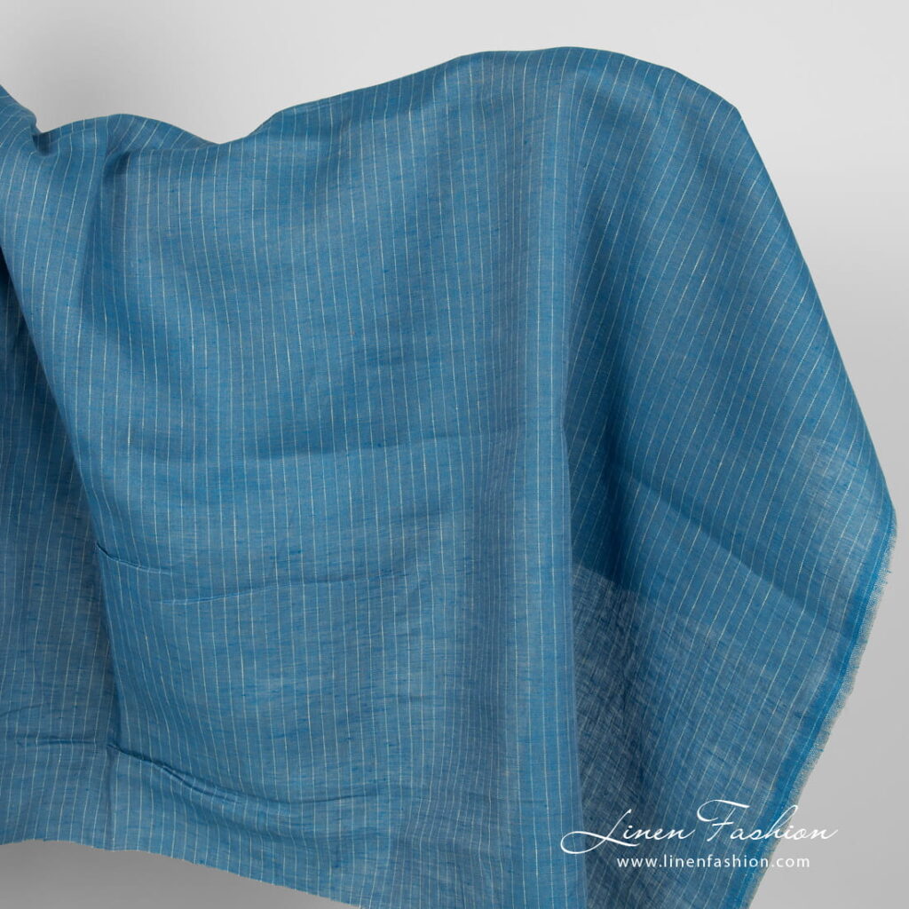 Linen fabric blue with yellowish stripes