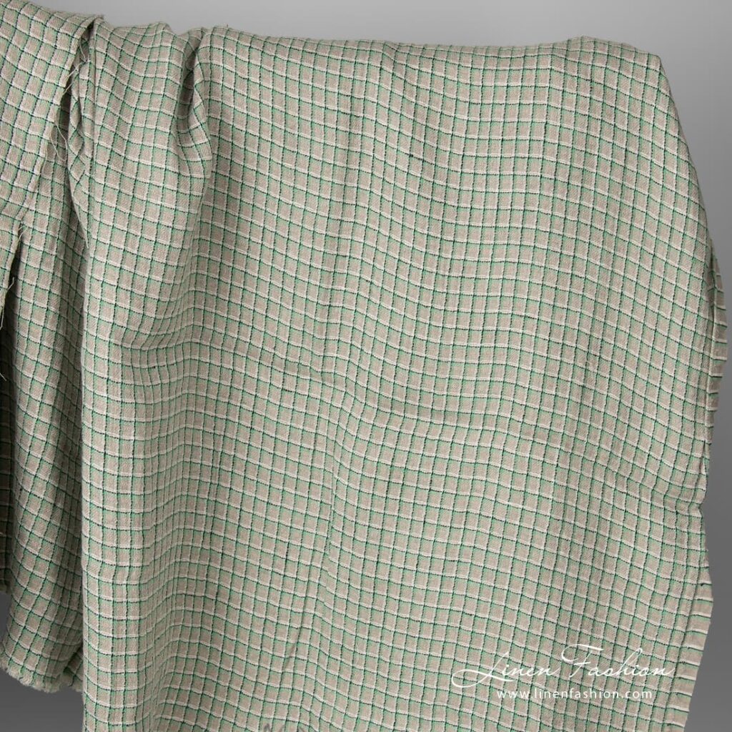 Linen grey fabric with green checks, washed