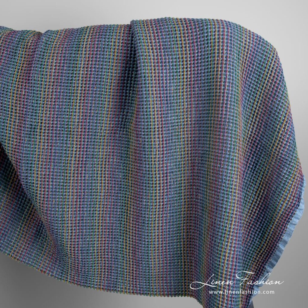 Blue linen cotton fabric in waffle pattern
