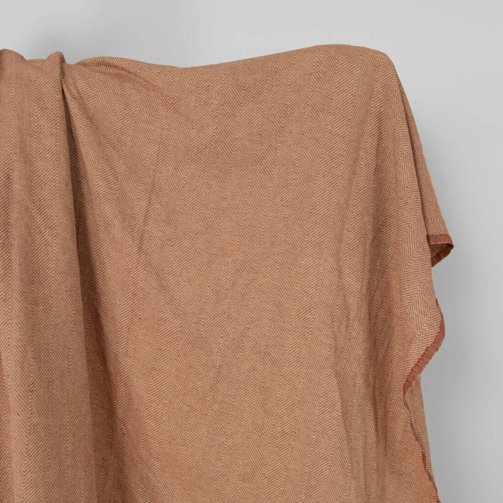 Washed linen cotton fabric in yellow brown herringbone