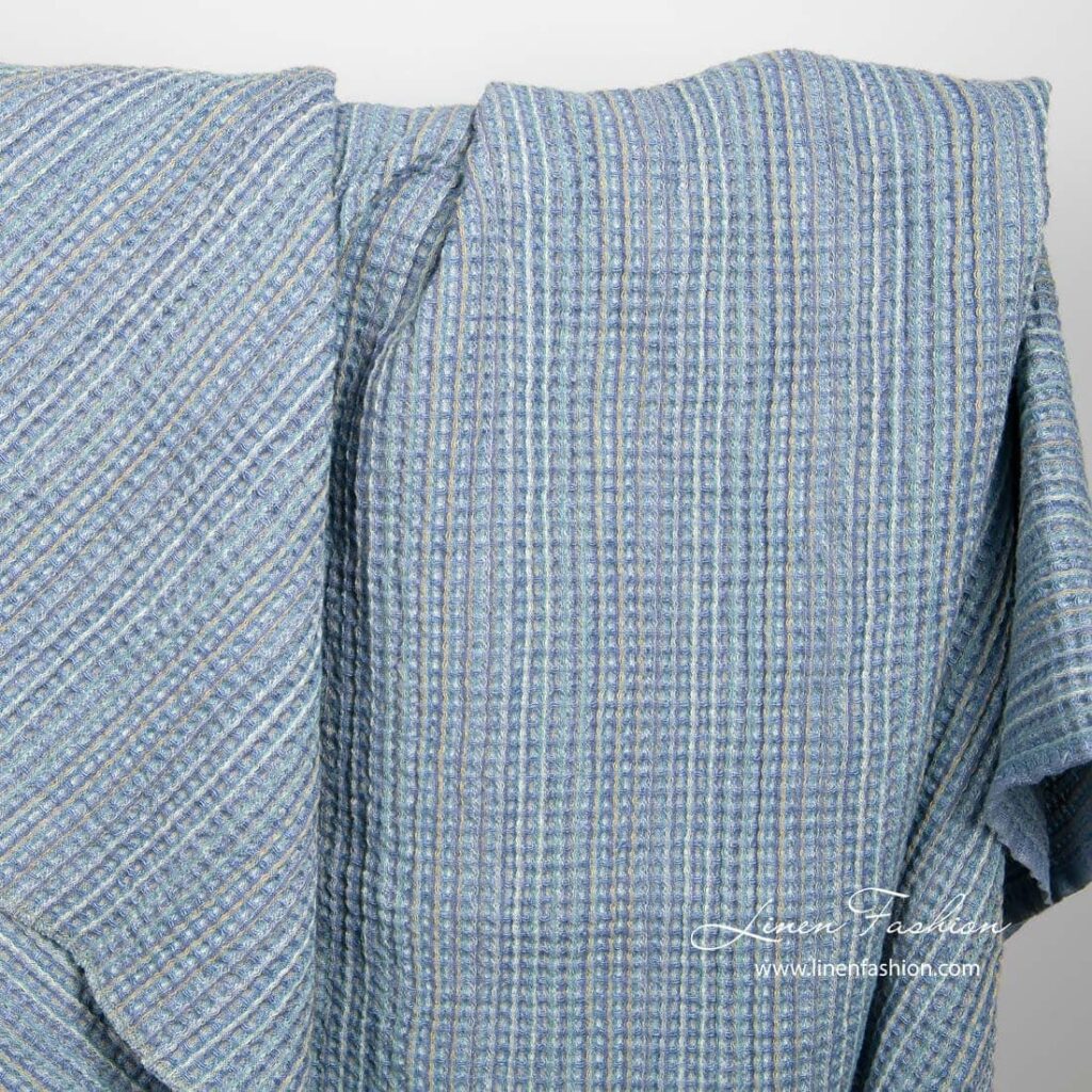Blue waffle linen fabric by the yard or meter