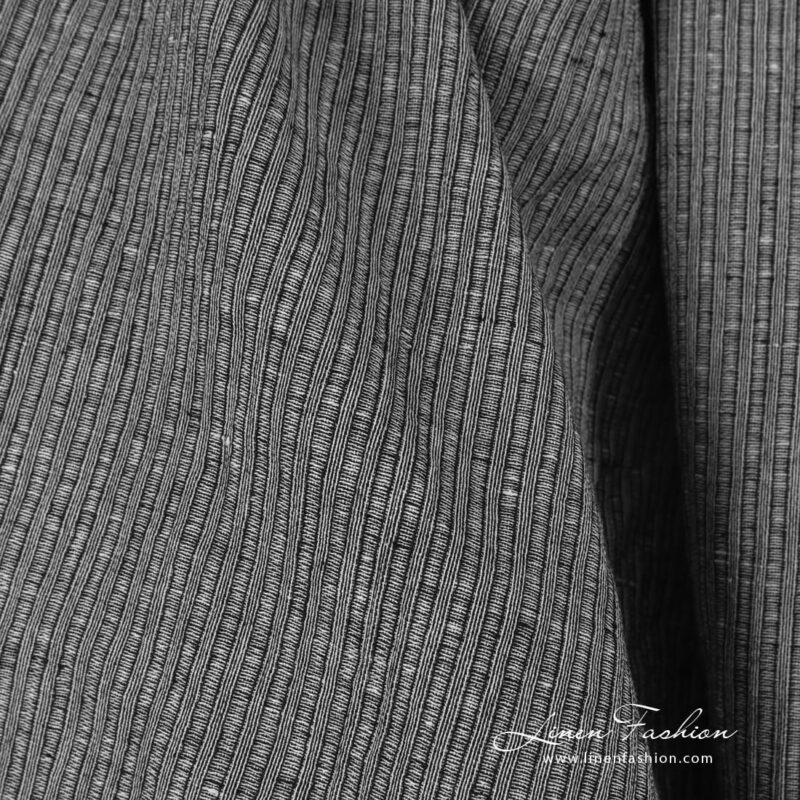 Black linen cotton fabric in stripes, specially washed
