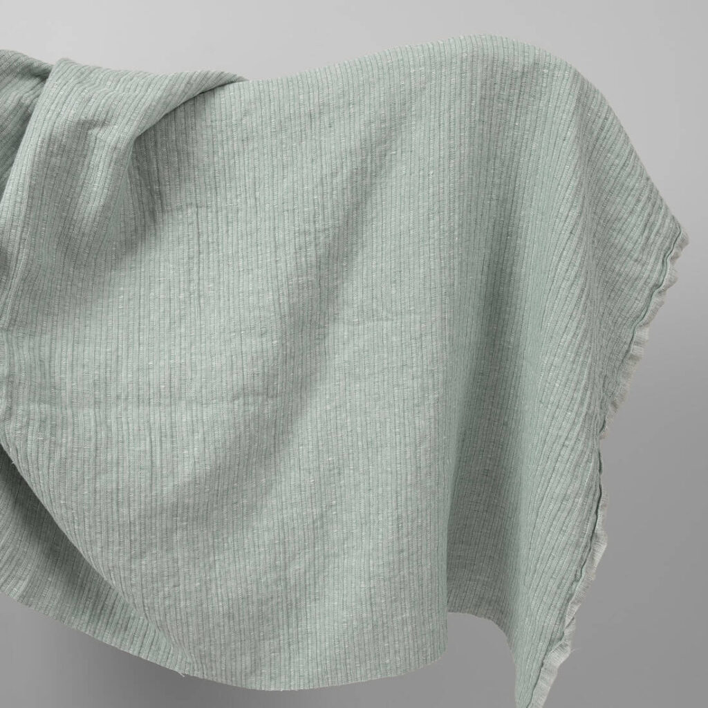 Washed linen cotton fabric greenish white colour striped