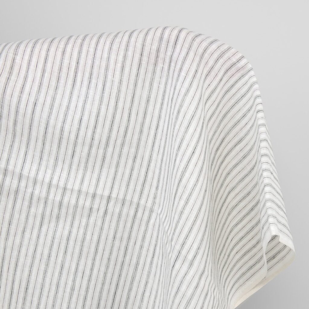 Off-white linen fabric, grey stripes