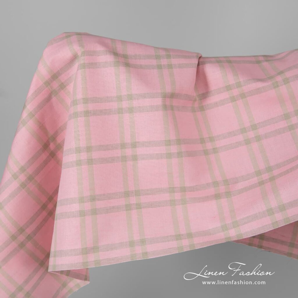 Pink checked linen cotton fabric.