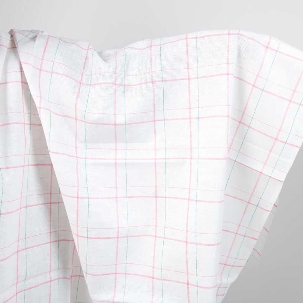 white linen fabric, pink checks