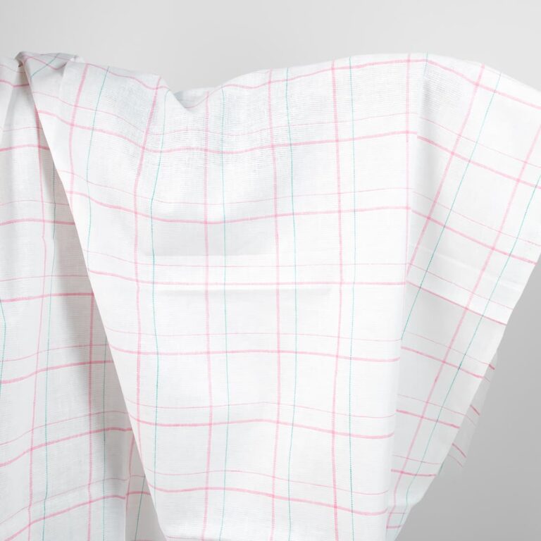 white linen fabric, pink checks