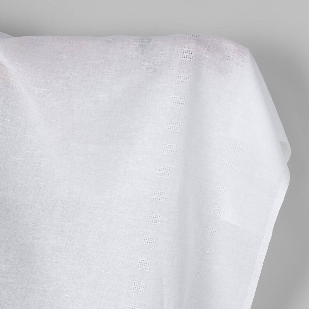 Linen cotton fabric bright white with two rows of checks