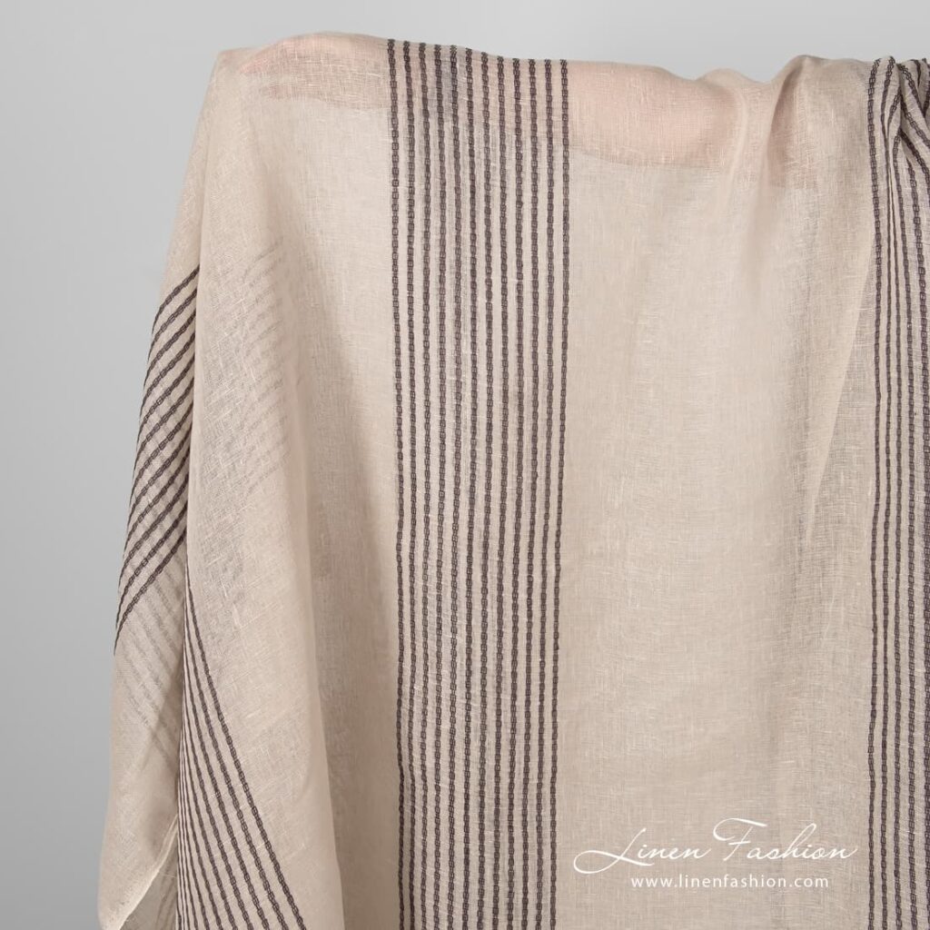 Beige gauze linen fabric with stripes.
