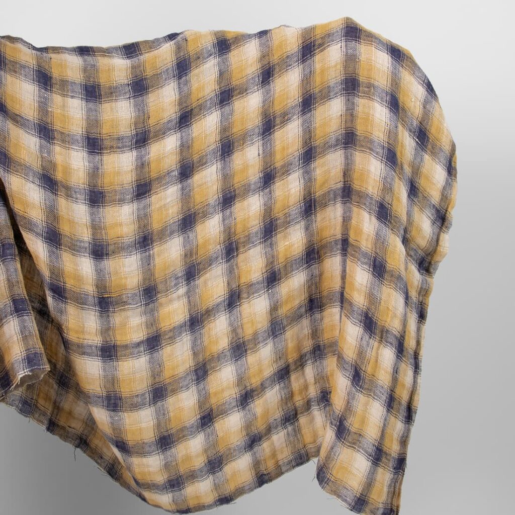 Washed linen fabric blue yellow checks double-sided