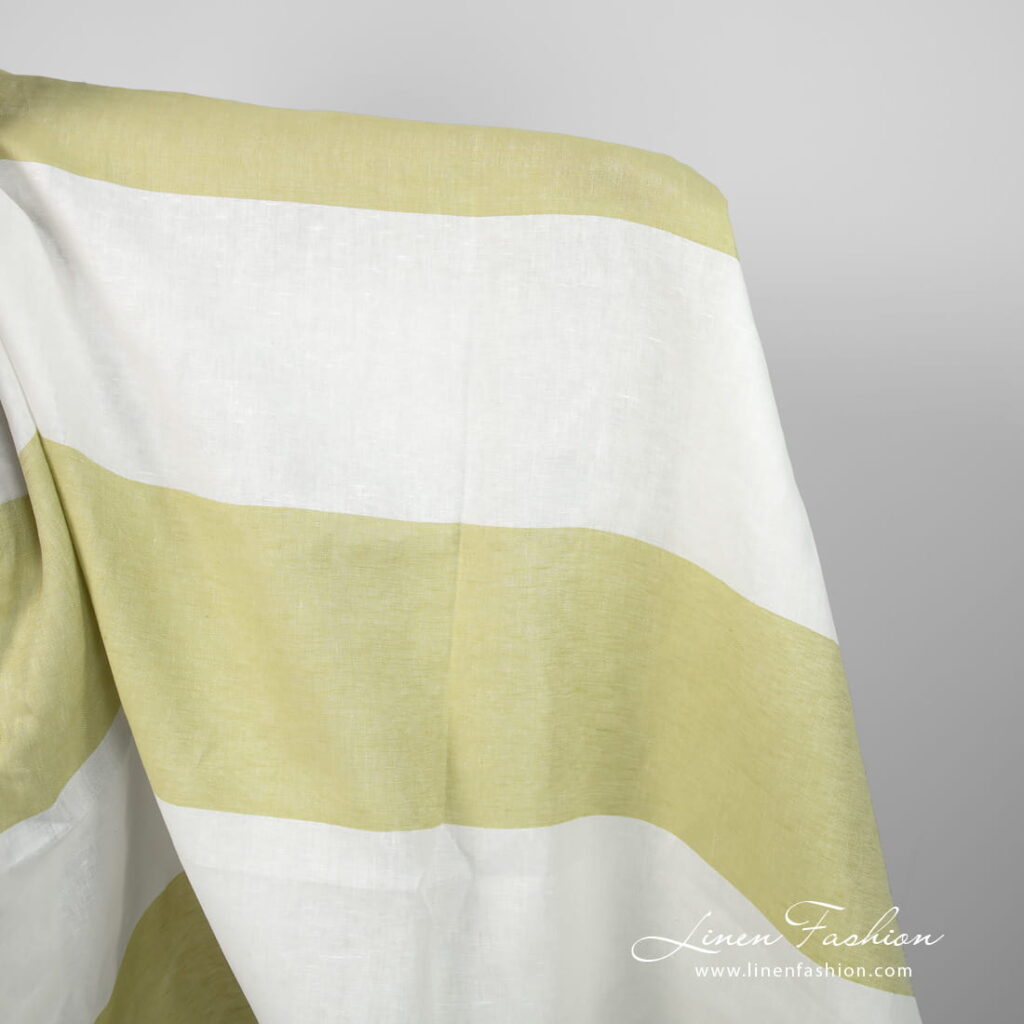 Linen fabric in green and off-white stripes