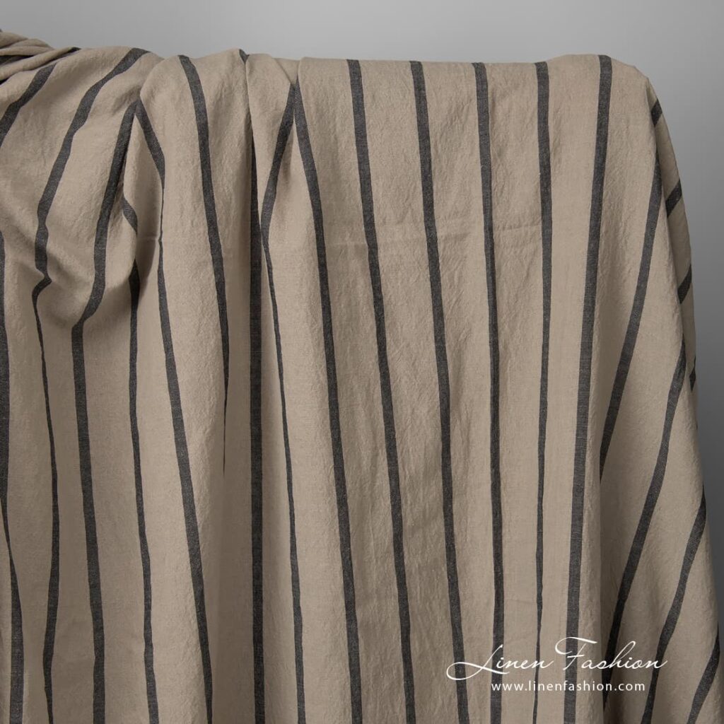 Wide washed half linen fabric natural colour black stripes