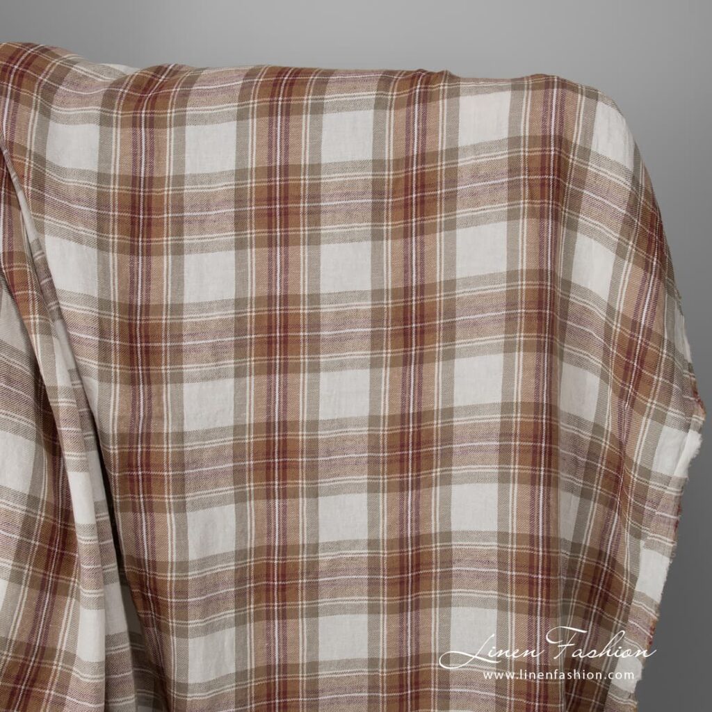Wide washed half linen fabric off-white with brown checks