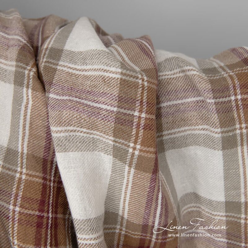 Wide washed half linen fabric off-white with brown checks texture