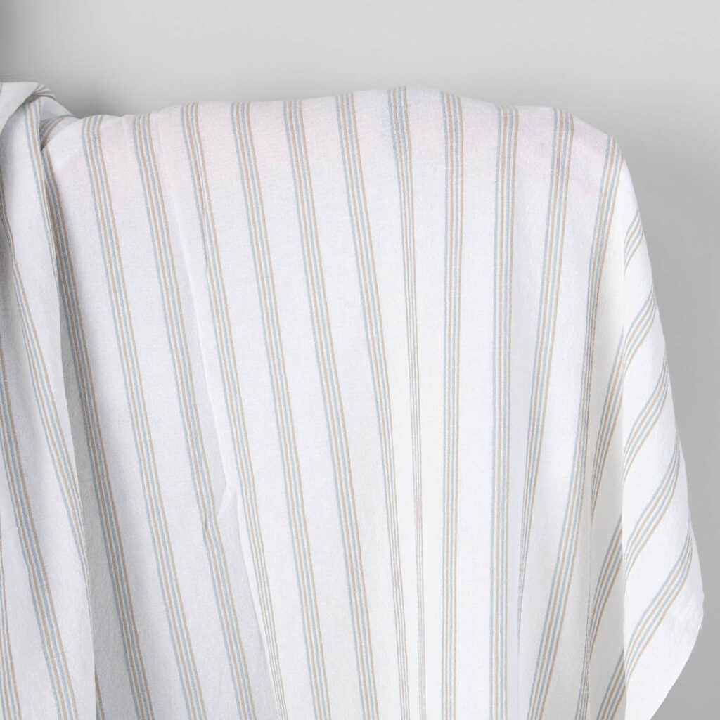 Washed linen cotton fabric white with blue and grey stripes