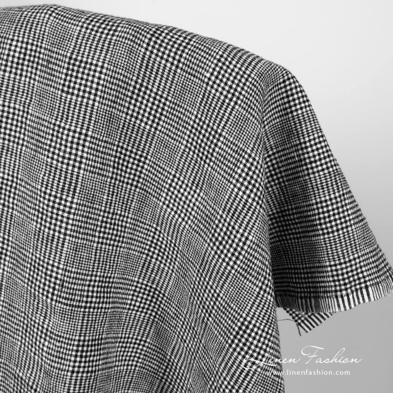 Black and white linen wool glen check fabric, washed