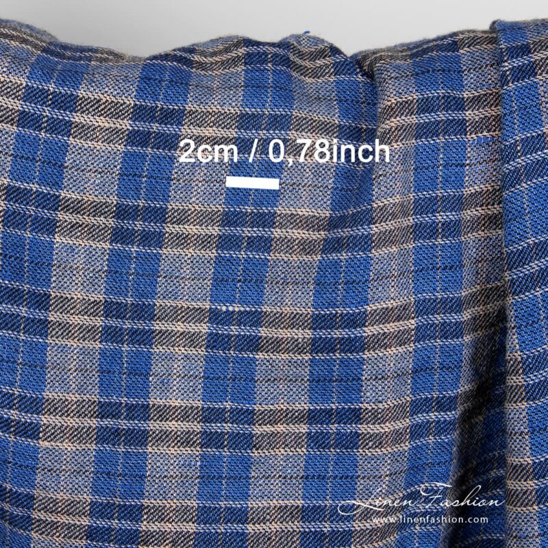 Linen-wool checked fabric woven from blue, black and brown yarns