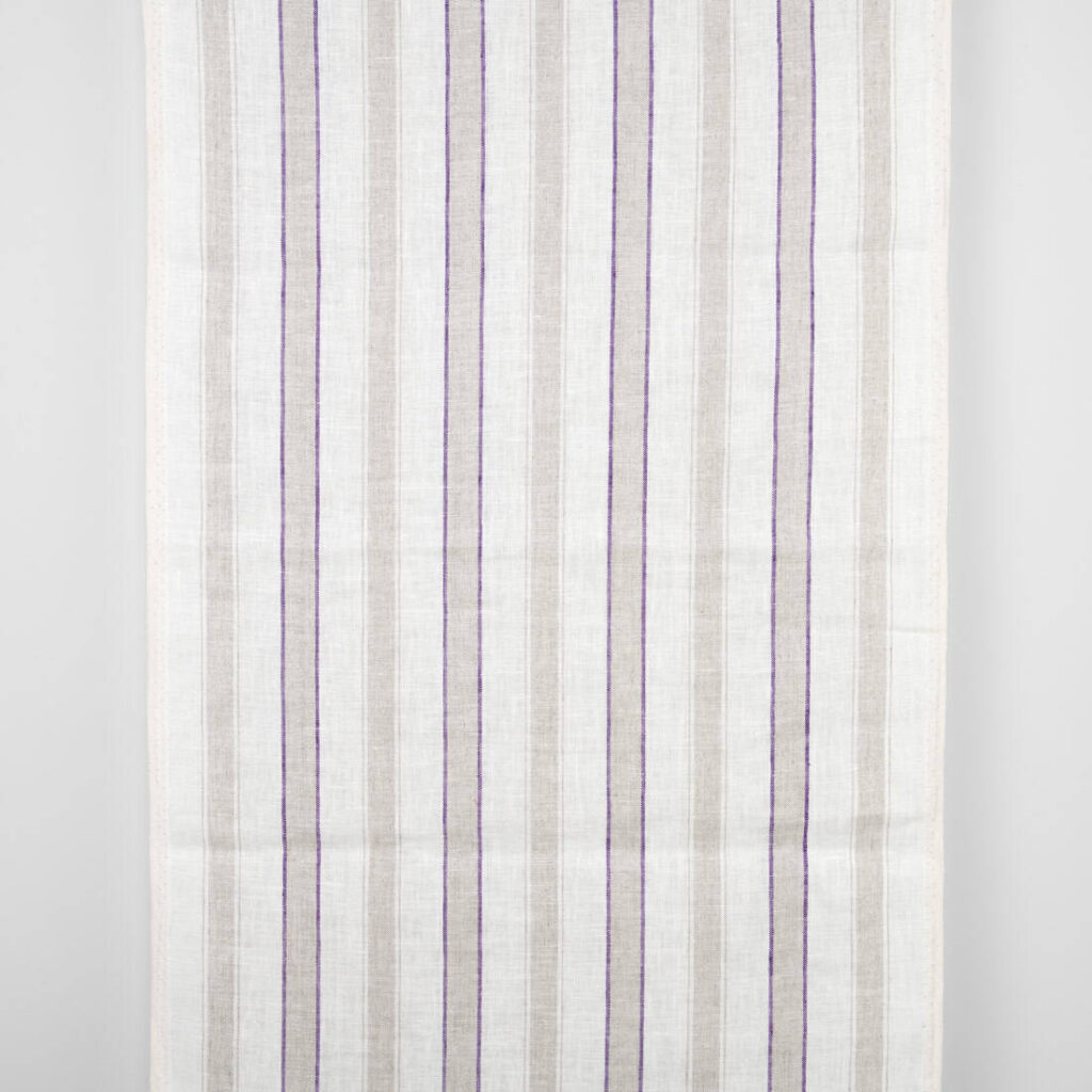 Narrow off-white linen fabric, purple and natural stripes