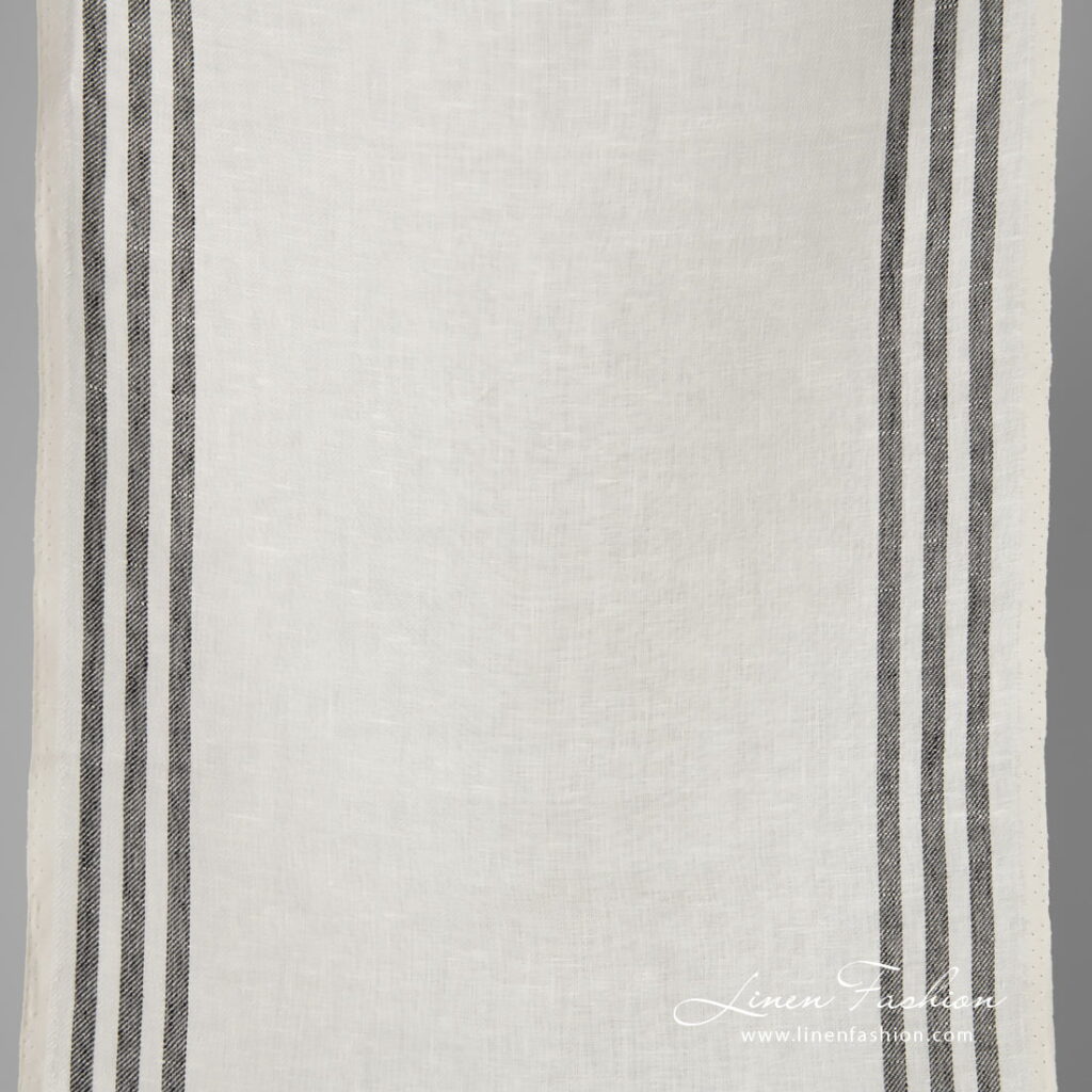 Narrow linen fabric white with black stripes on sides