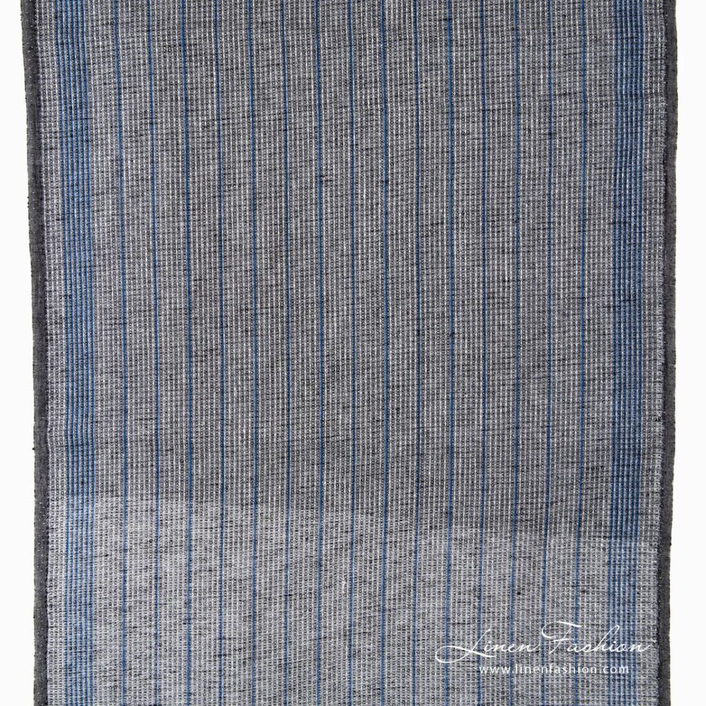Narrow black linen fabric with blue stripes.