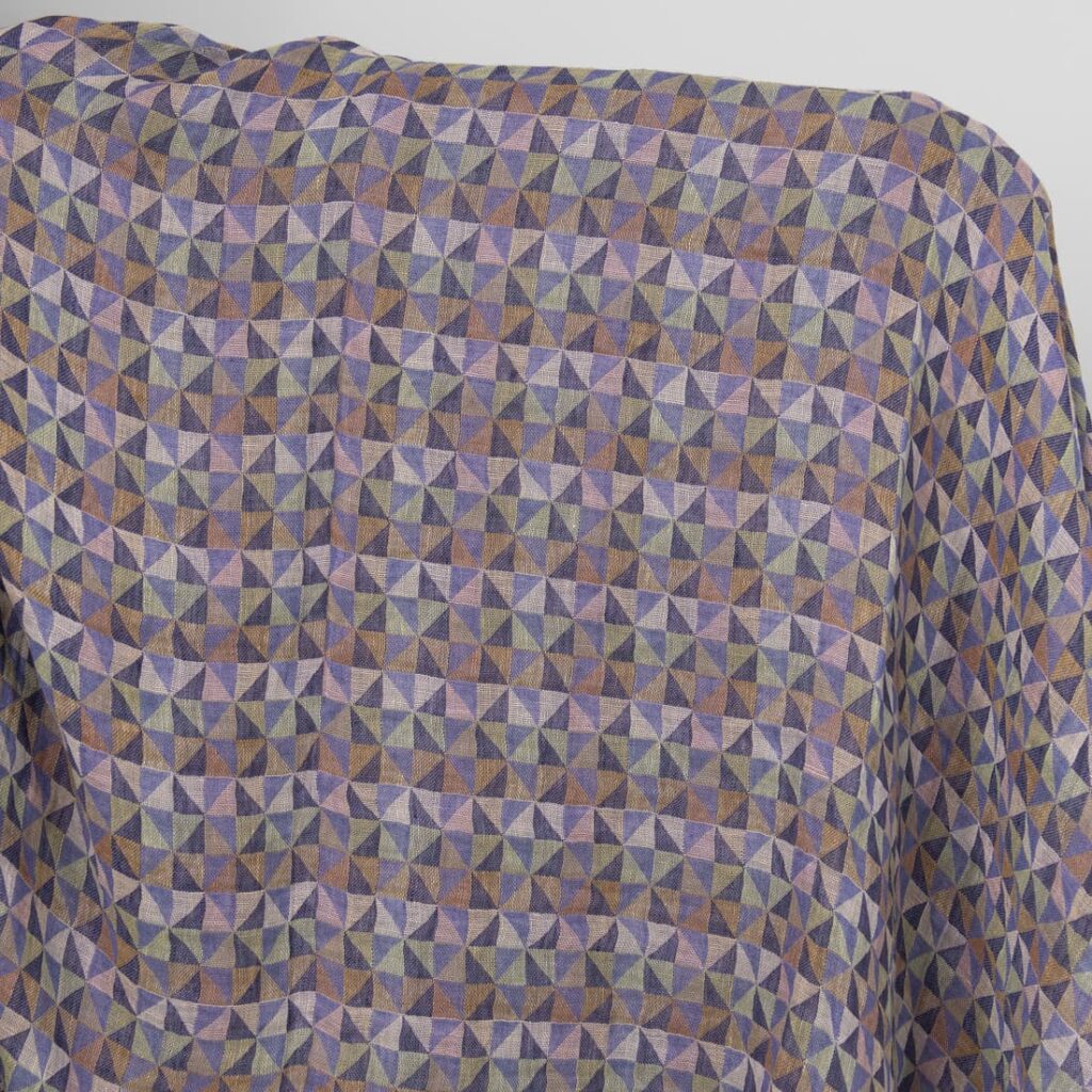 Washed linen fabric in violet multicolour triangles