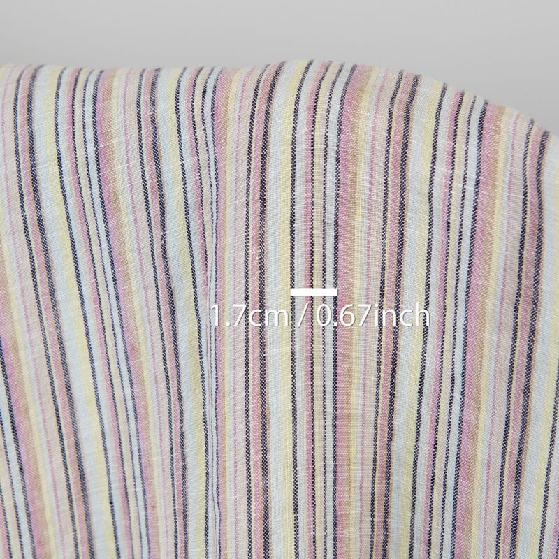 Linen hemp fabric multicolour with dark blue stripes washed, with measurements