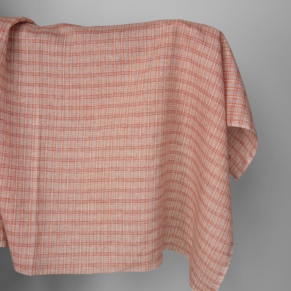 Linen fabric in orange red multicolour checks
