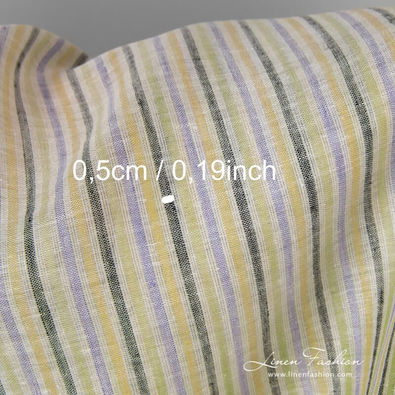 Yellow blue green striped linen fabric.