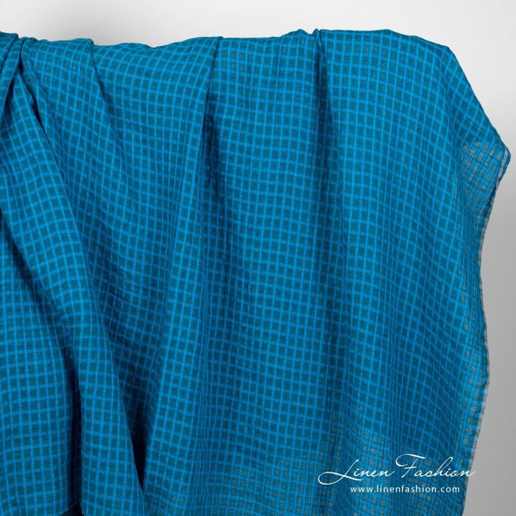 Linen fabric in turquoise and blue checks