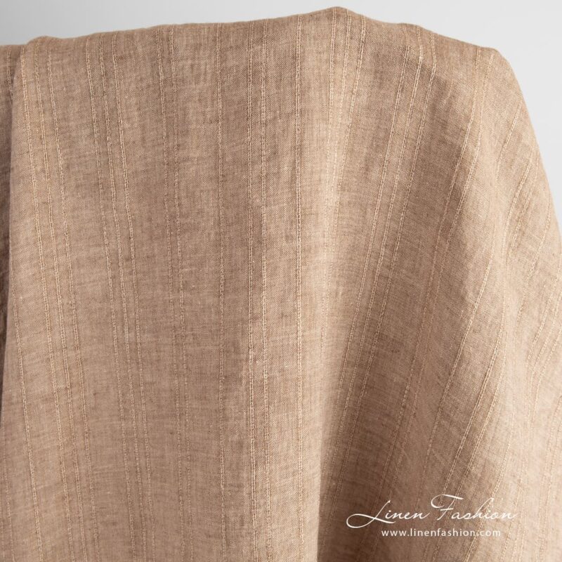 Brown linen fabric with vertical stripes