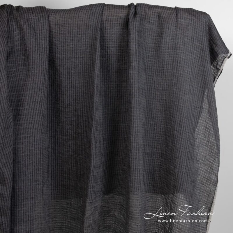 Dark grey linen fabric in transparent checks