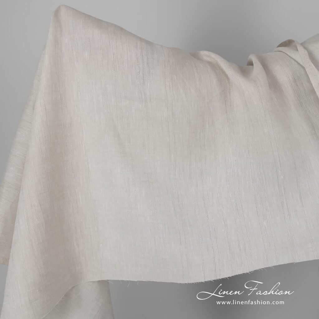 White sand color linen fabric azure stripes.