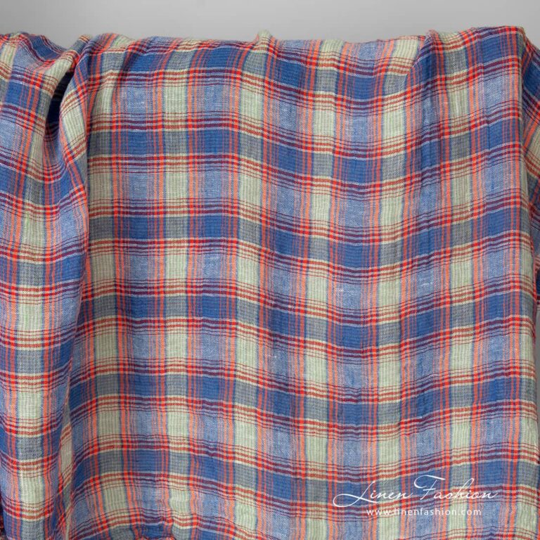 Lightweight washed linen fabric multicolour checks