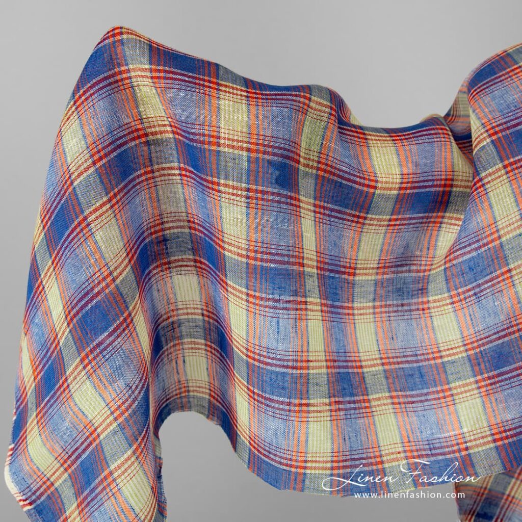 Transparent linen fabric in blue orange checks.