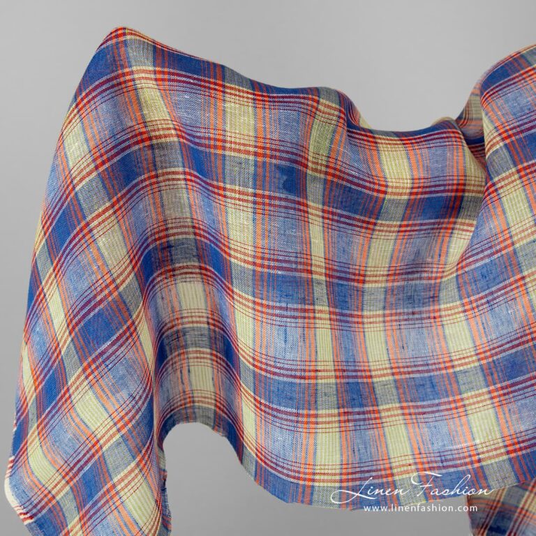 Transparent linen fabric in blue orange checks.