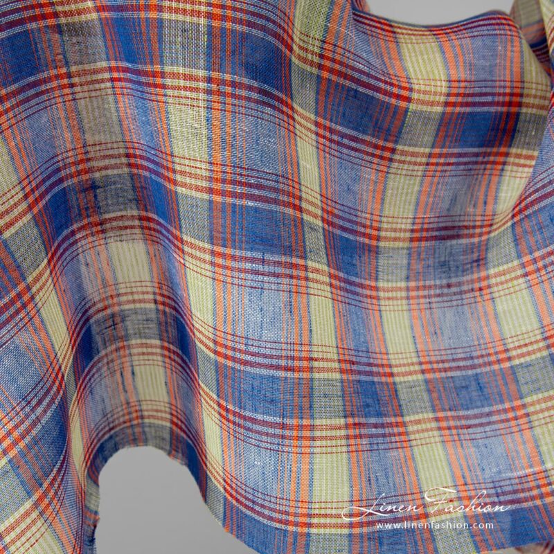 Blue orange linen fabric in checks.