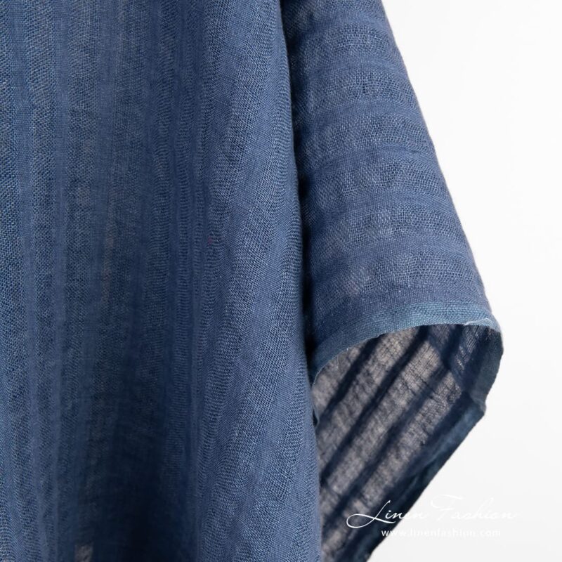Blue linen fabric with openweave vertical stripes
