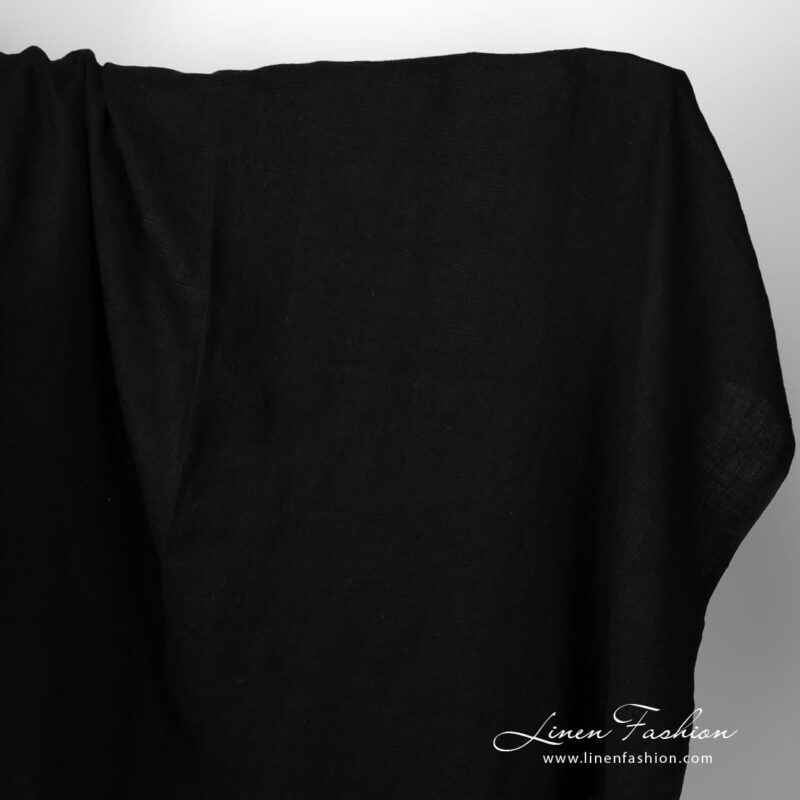Washed linen fabric solid black waffle