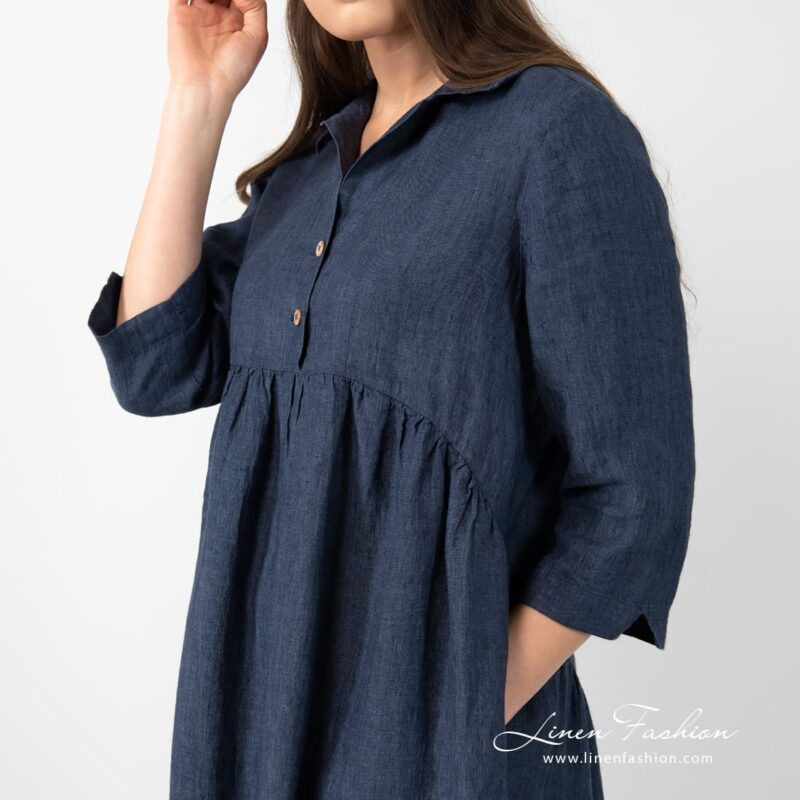 MONTANA dark blue linen dress with 3/4 sleeves