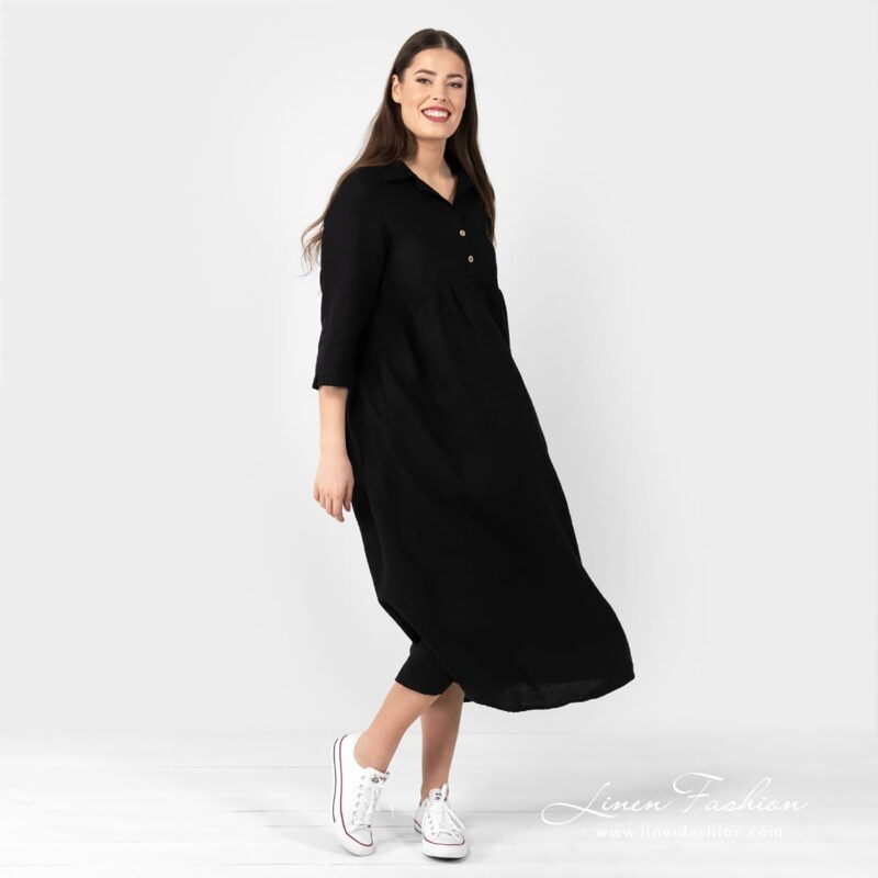 MONTANA black linen dress with widening silhouette