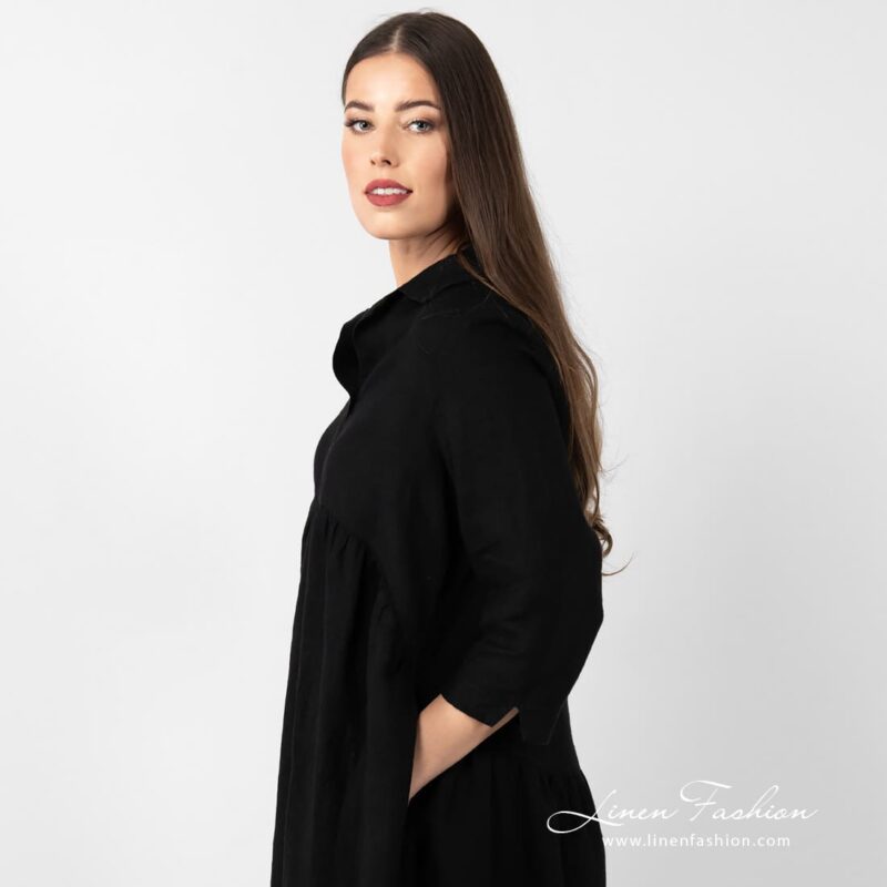 MONTANA black linen dress with 3/4 sleeves
