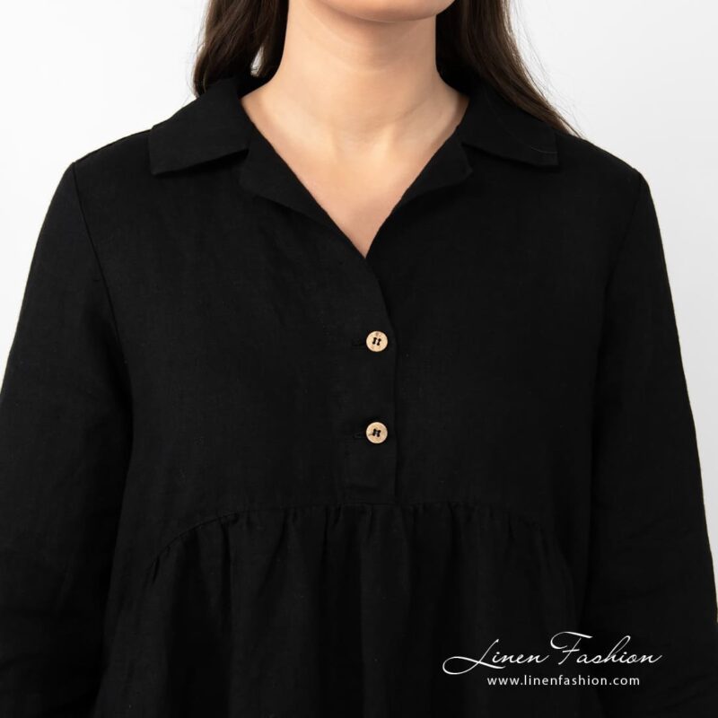 MONTANA black linen dress with pockets; buttoned front, beautifully wrinkled under chest