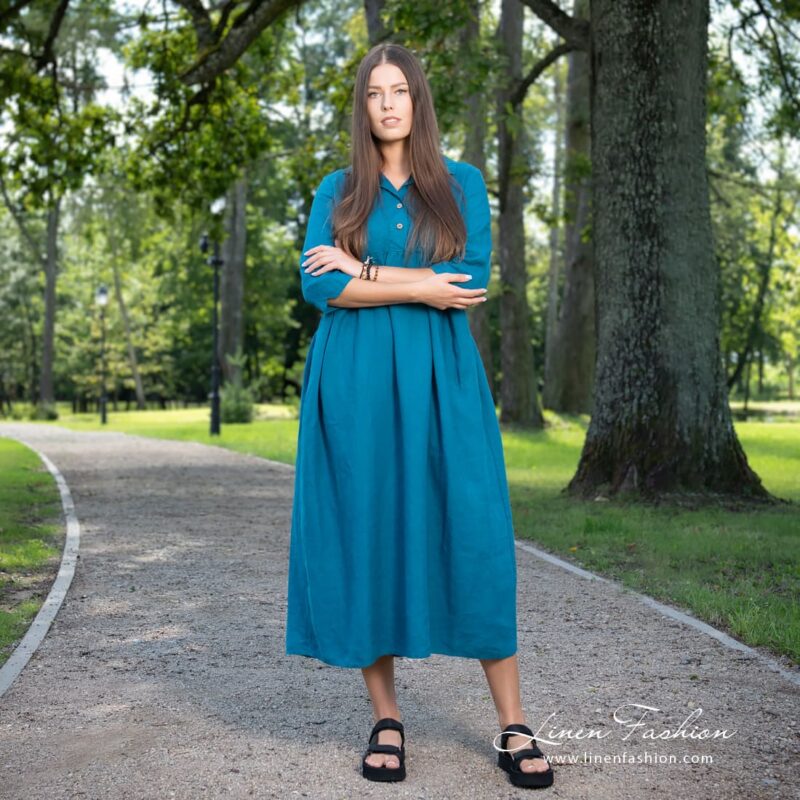 MONTANA dark turquoise linen dress