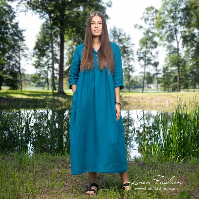 Long linen dress in widening silhouette