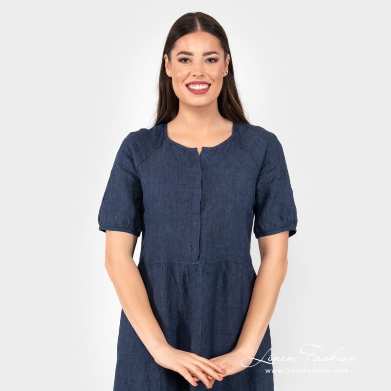 ZOE navy linen dress with press buttons down the neck